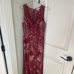 “Luxxel” long dress, golden nude color under dress with maroon over lace.